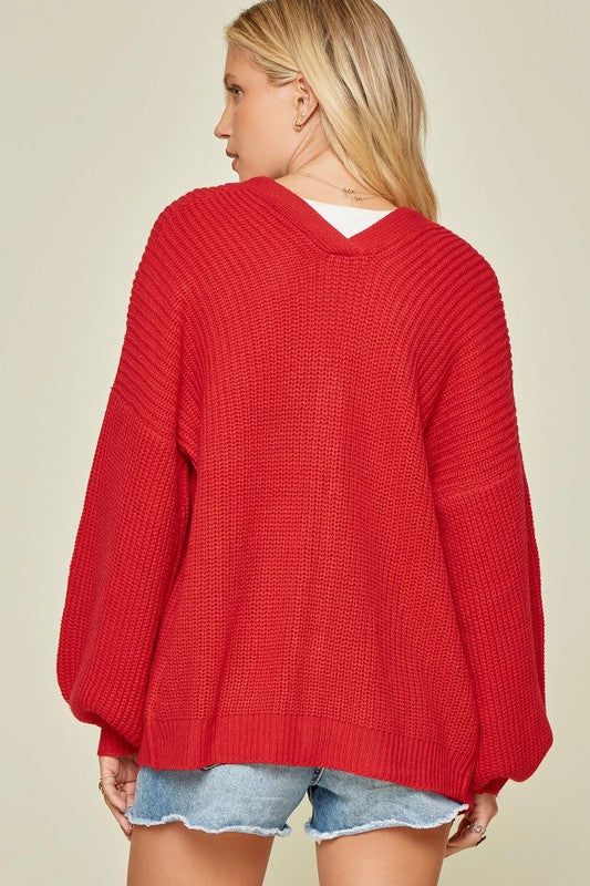 Red Ribbed Cardigan