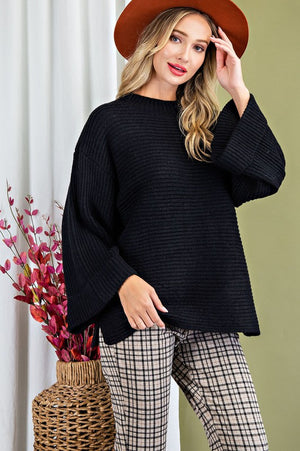 Black Ribbed Flare Sleeve Sweater