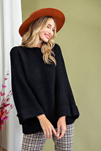 Black Ribbed Flare Sleeve Sweater