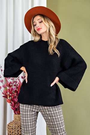 Black Ribbed Flare Sleeve Sweater
