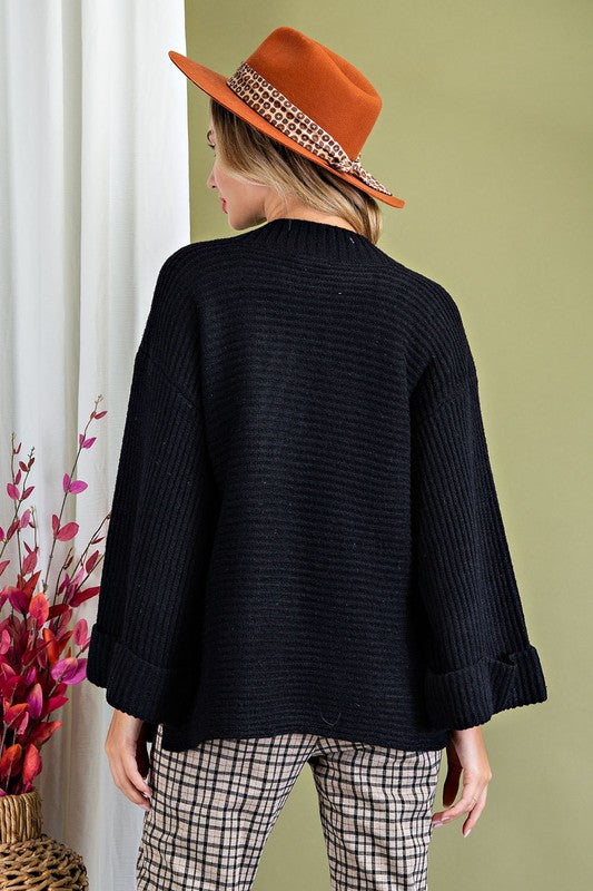 Black Ribbed Flare Sleeve Sweater