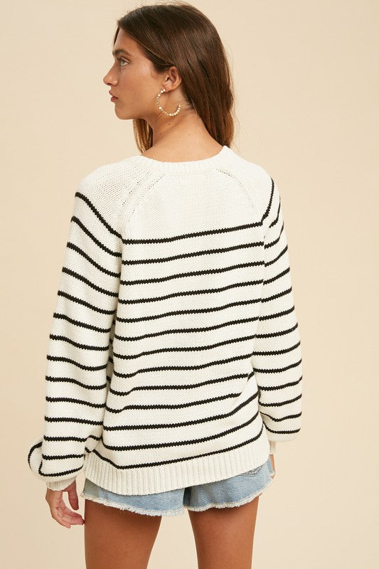 Stripe Balloon Sleeve Sweater (Black/Creme)