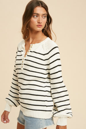 Stripe Balloon Sleeve Sweater (Black/Creme)