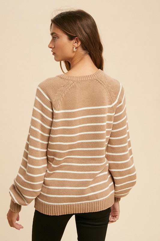 Stripe Balloon Sleeve Sweater (Taupe/Creme)
