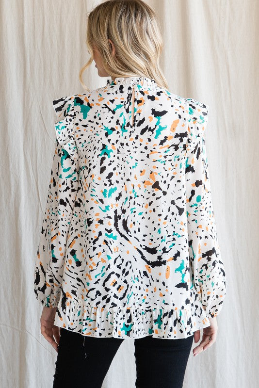 Off White Print Frill Blouse