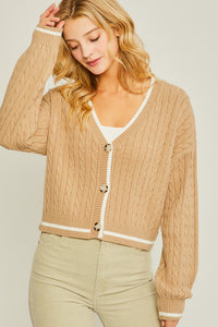 Khaki Crop Cable Knit Cardigan