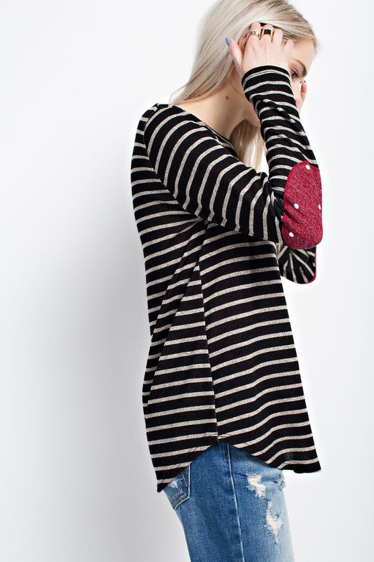 Striped Polka Dot Elbow Top- T1022 (Black)