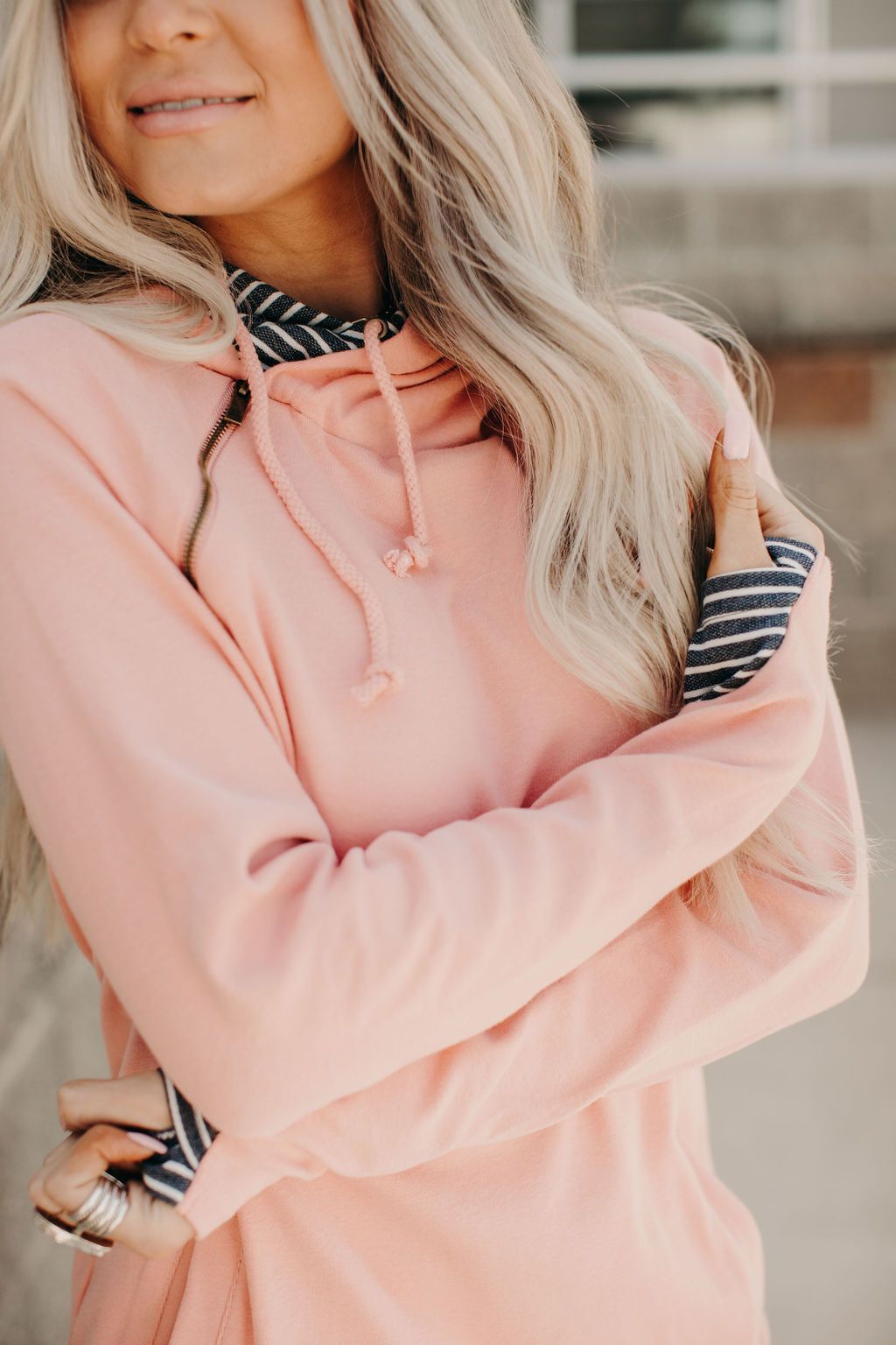 Double Hood Sweatshirt- Pink/ Stripe