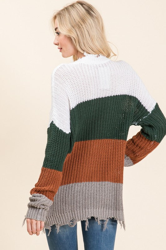 Distressed Stripe Sweater- T910