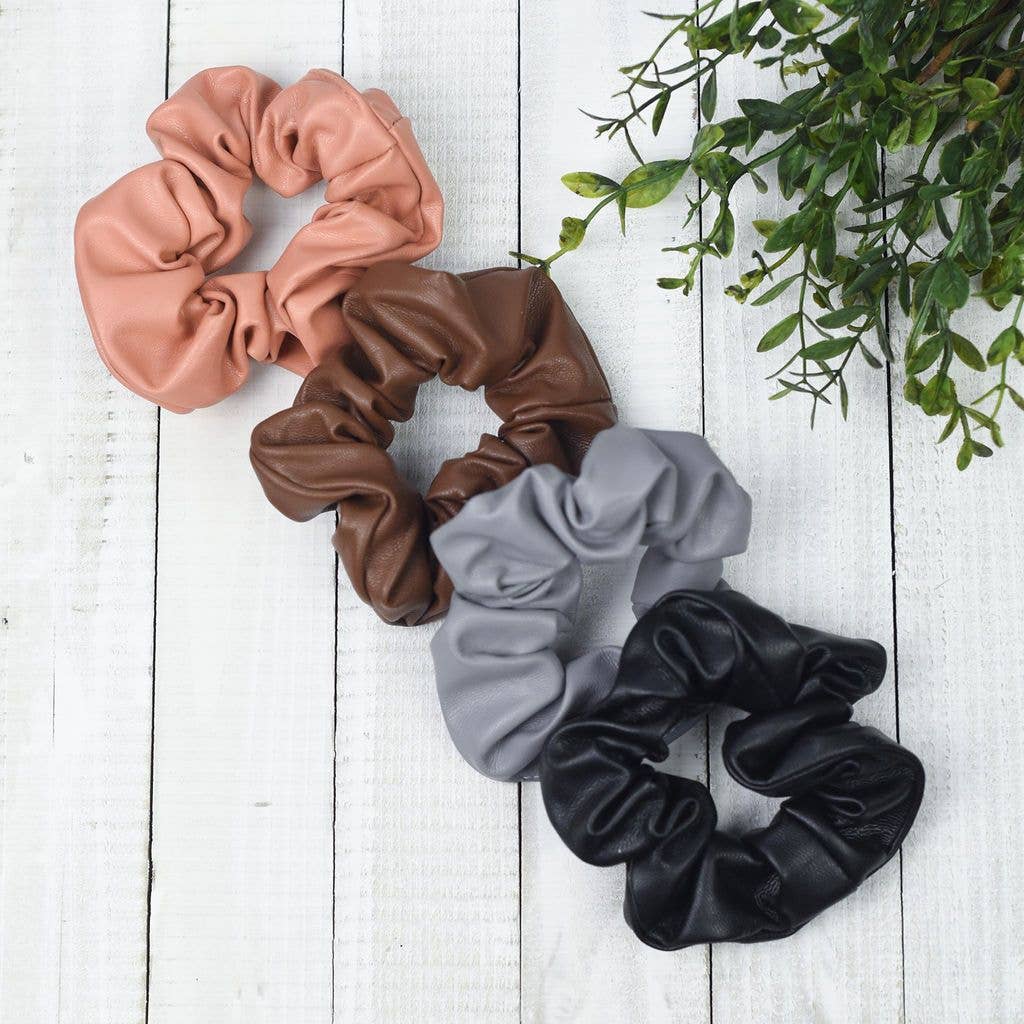 Faux Leather Hair Scrunchie Set (Grey/Black)