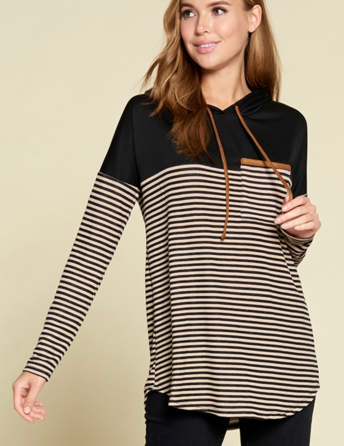 Taupe/Black Stripe Hoodie Top - T1053