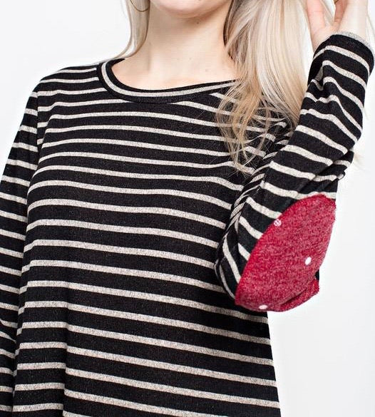 Striped Polka Dot Elbow Top- T1022 (Black)