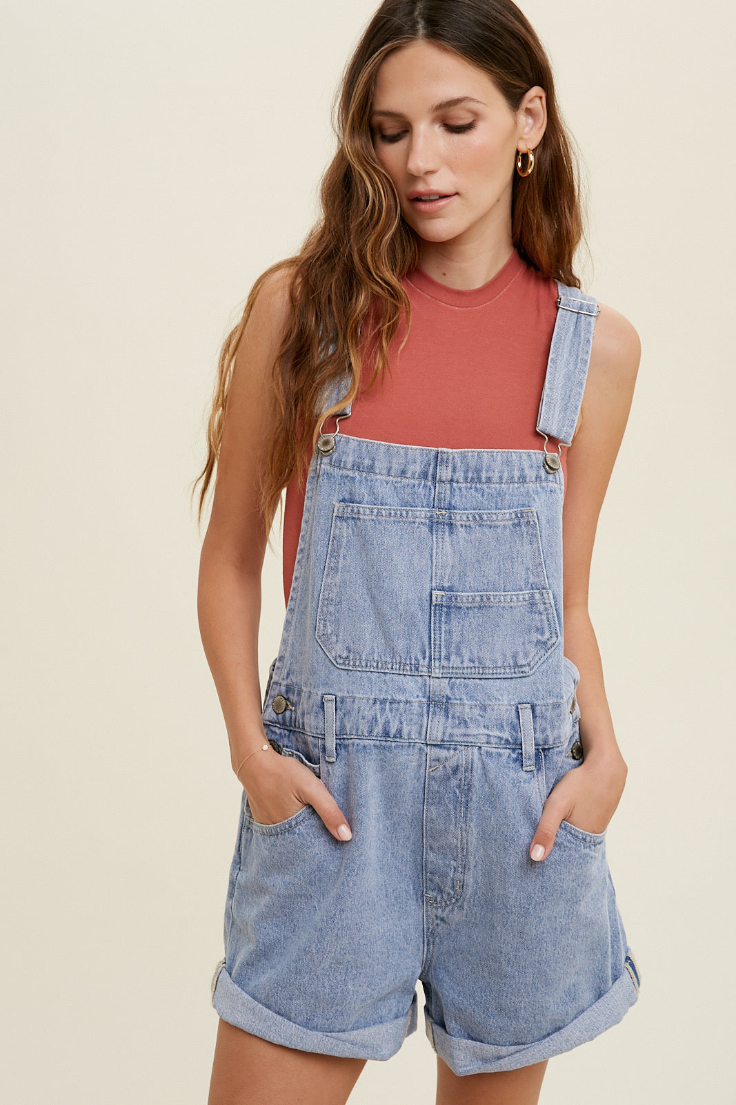 Cuff Denim Short Overalls