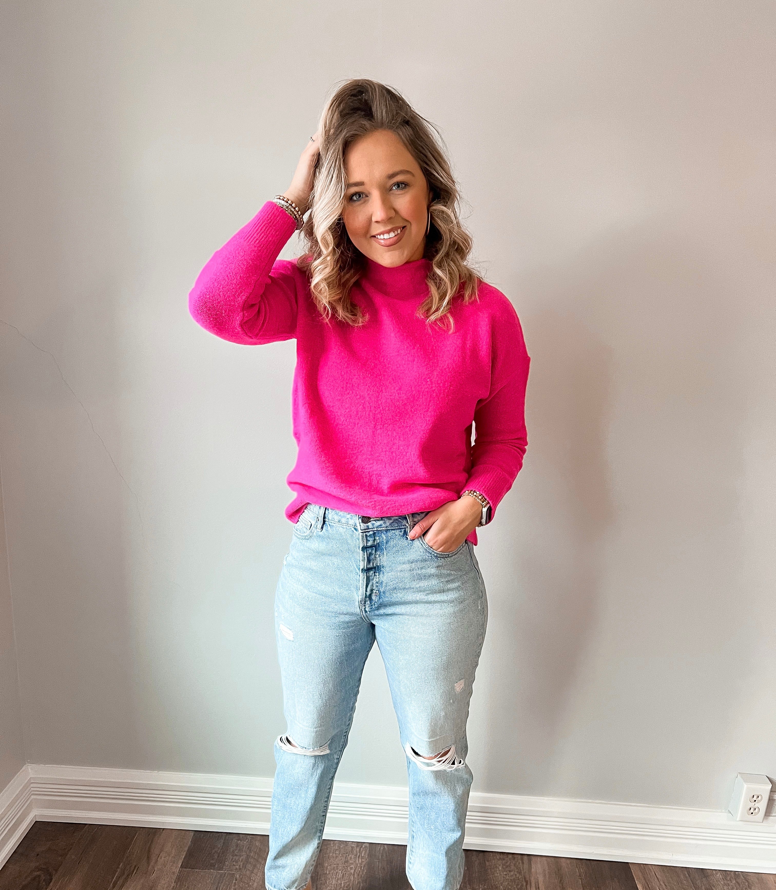 Hot Pink Funnel Neck Sweater