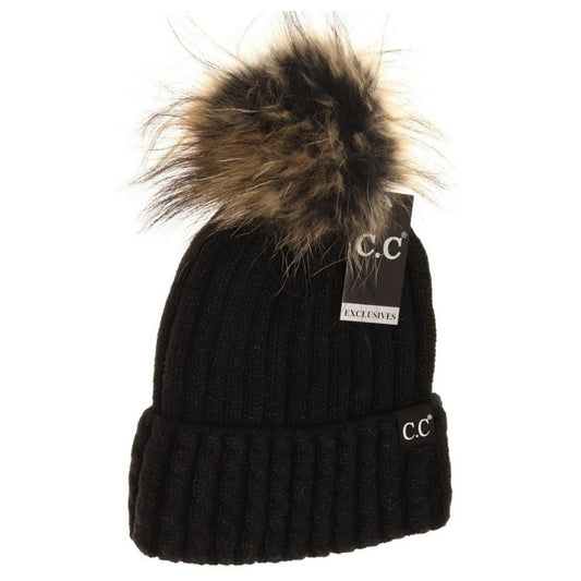 CC Exclusive- Black Label Cable Knit Ribbed Matching Fur Pom Beanie - Black