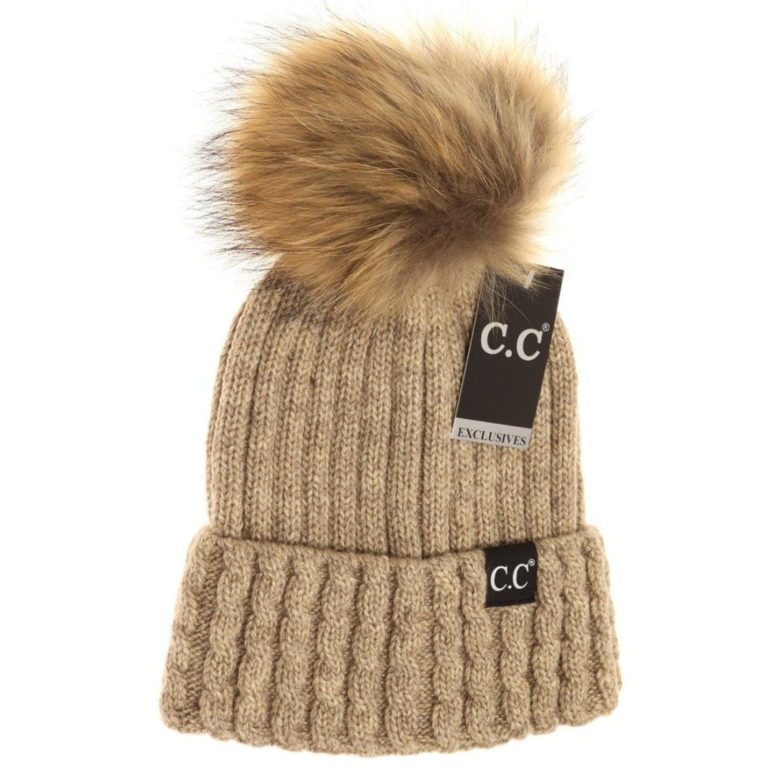 CC Exclusive- Black Label Cable Knit Ribbed Matching Fur Pom Beanie - Taupe