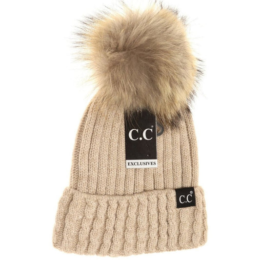 CC Exclusive- Black Label Cable Knit Ribbed Matching Fur Pom Beanie - Beige
