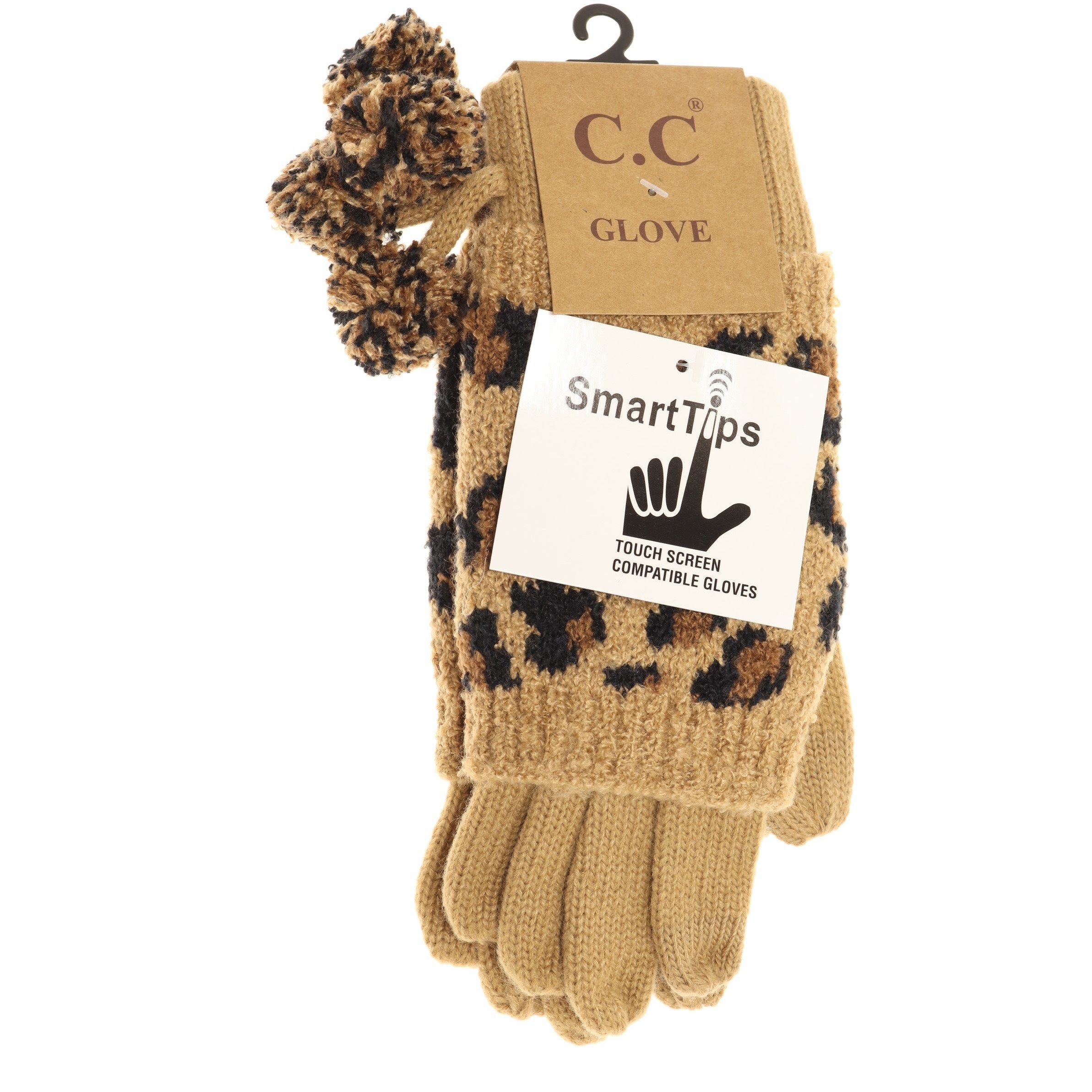 Leopard Print Cuffed CC Gloves with Pom Latte