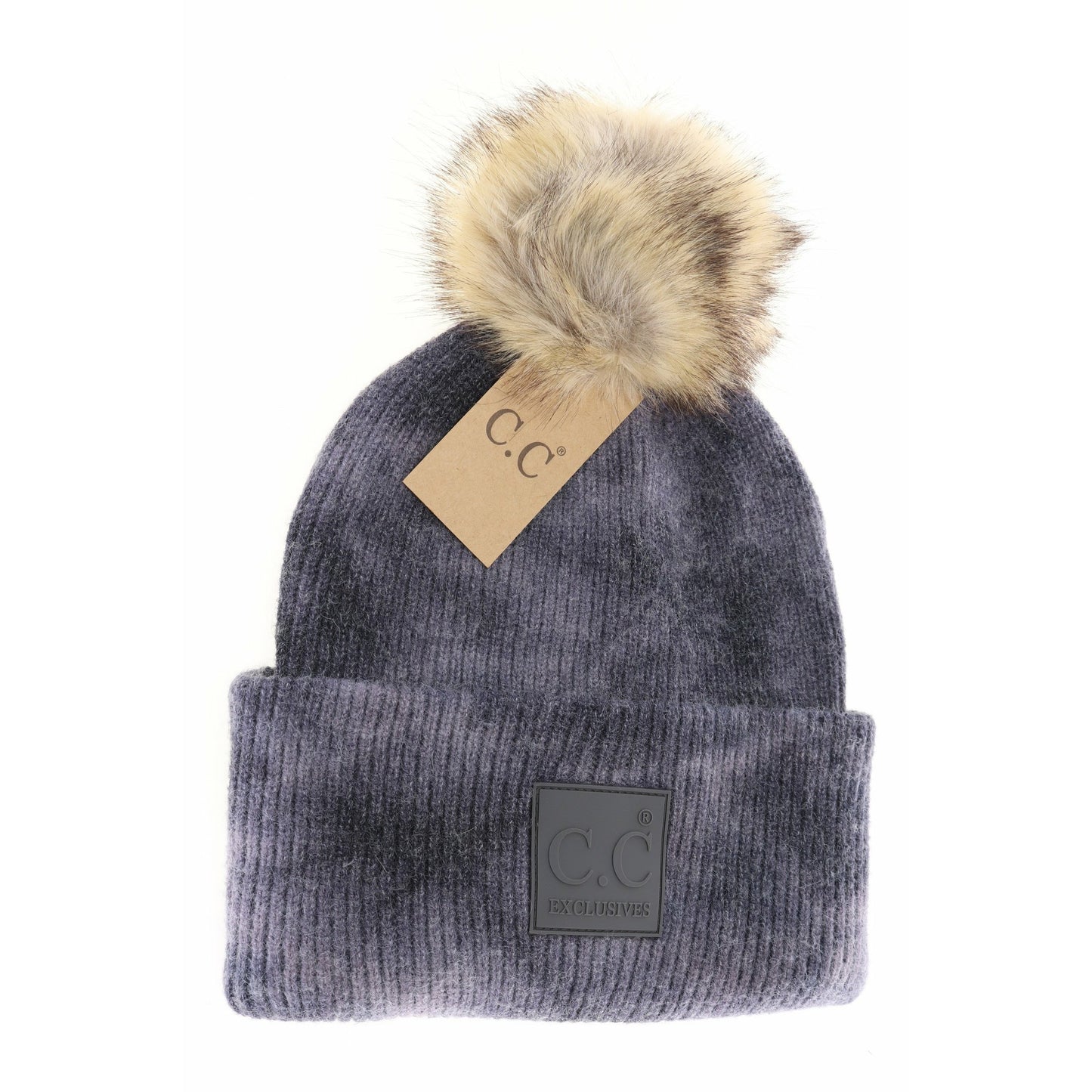 Tie Dye Fur Pom C.C Beanie Dk Grey/Lt Grey