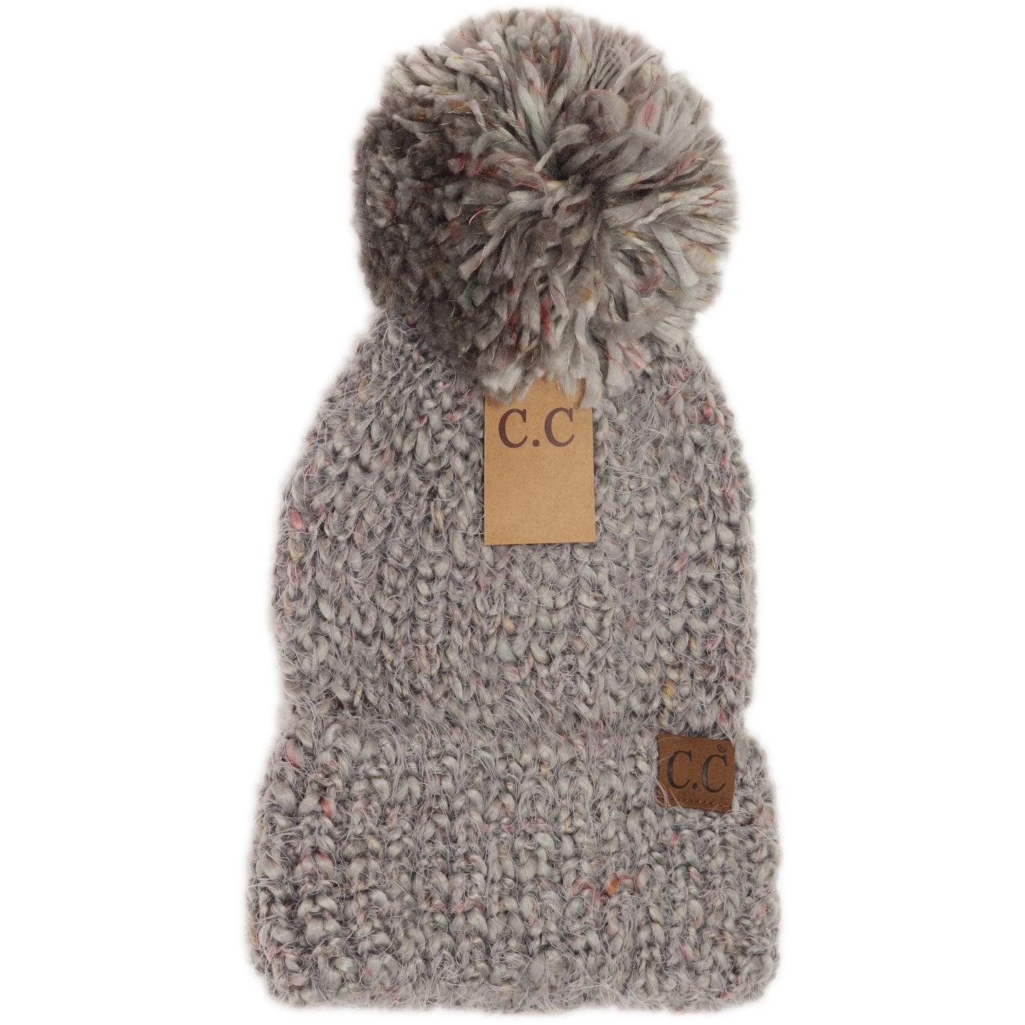 Multi Color Feather Knit Pom Beanie Lt Grey