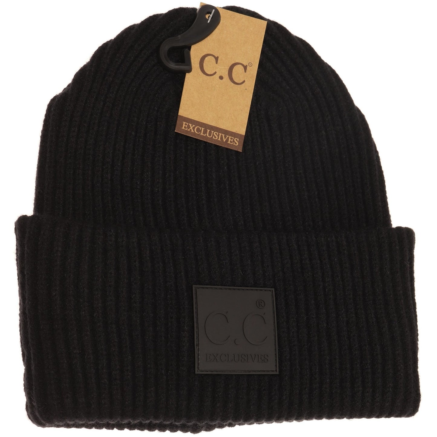 Solid Ribbed CC Beanie with Rubber Patch - Black