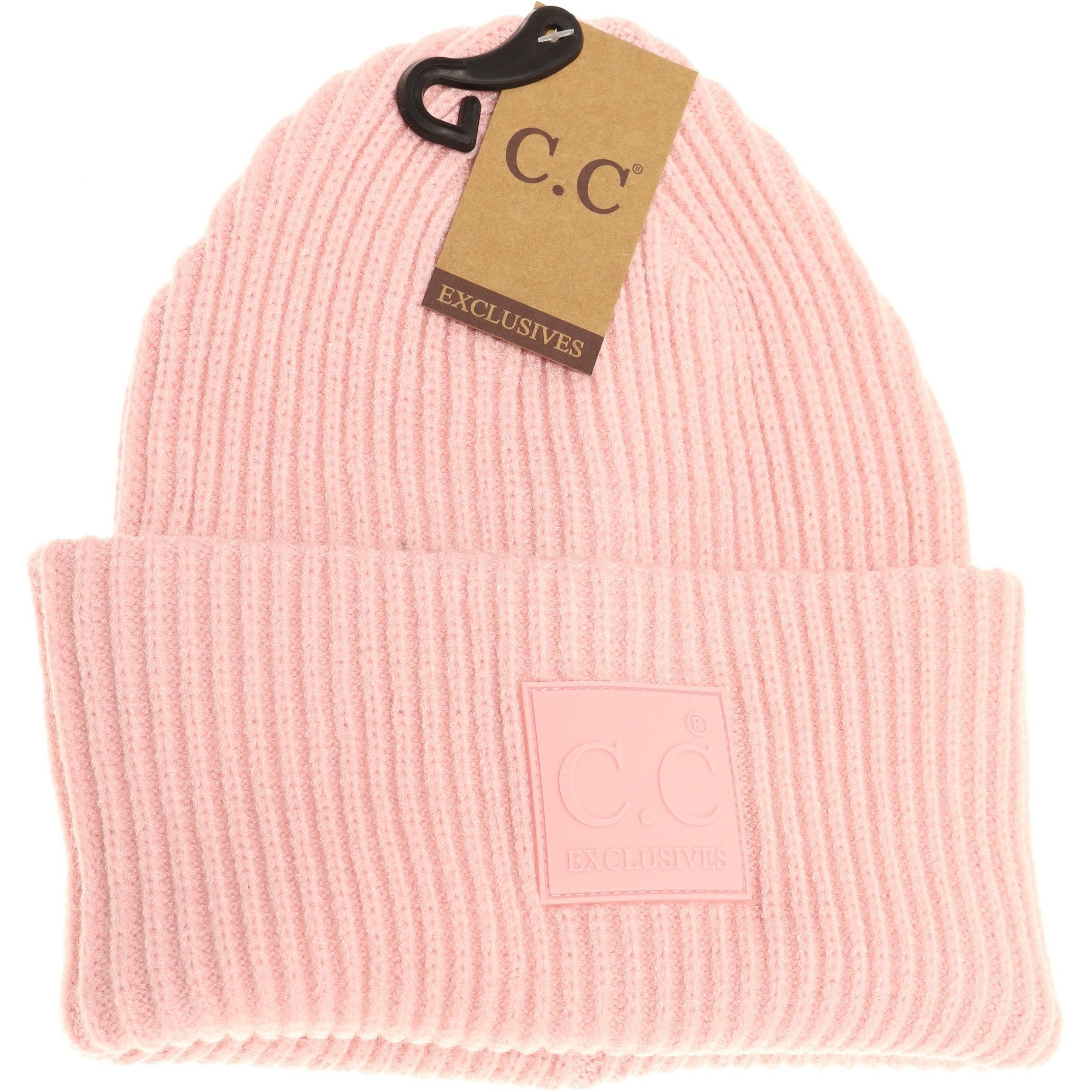 Solid Ribbed CC Beanie with Rubber Patch - Blush Pink