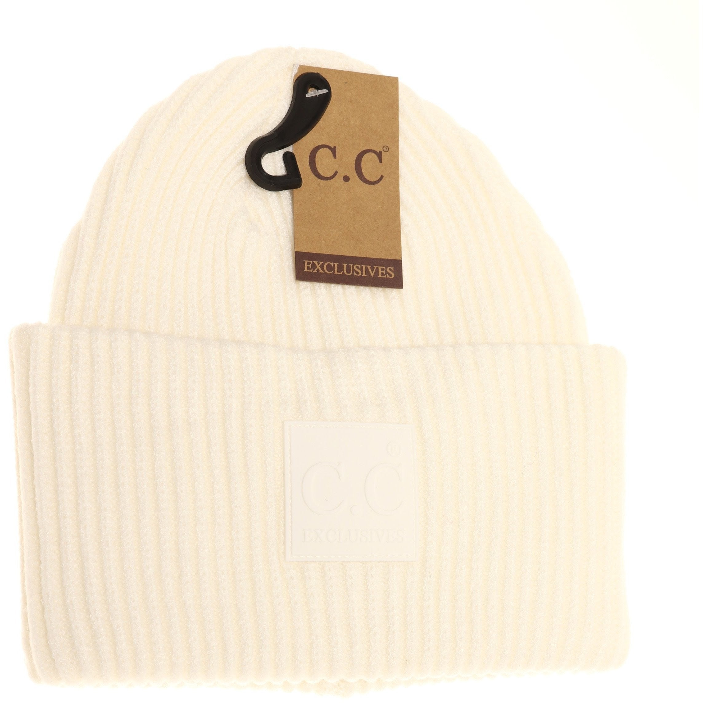 Solid Ribbed CC Beanie with Rubber Patch - Ivory