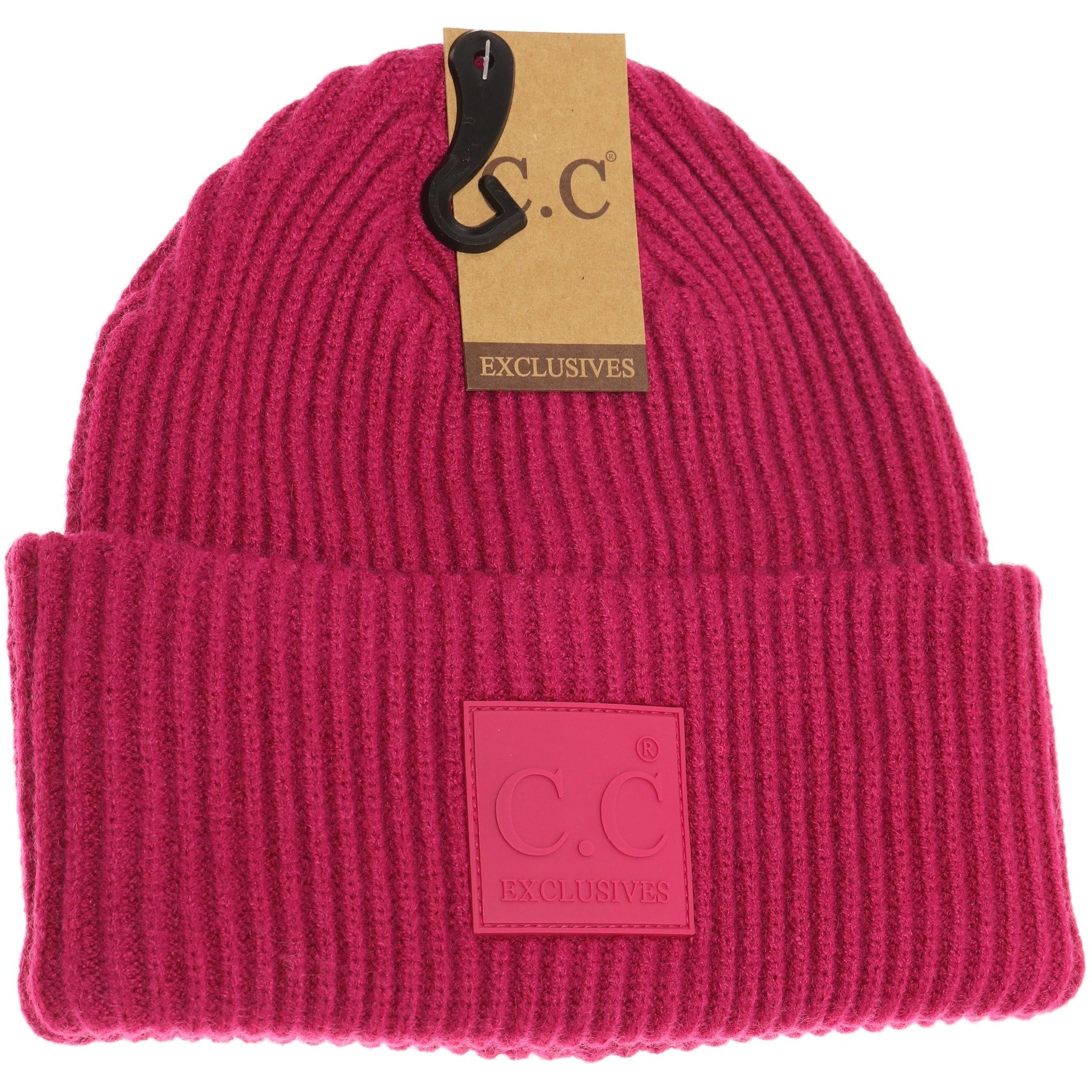 Solid Ribbed CC Beanie with Rubber Patch - Hot Pink